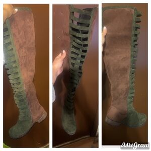 Green Over the Knee Boots with Lacing and Slim Fit